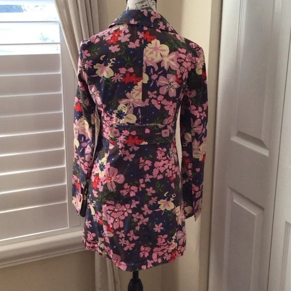 Tara Jarmon for Target Floral Trench Jacket (S) Pink Navy Cotton Statement Coat - Picture 12 of 15